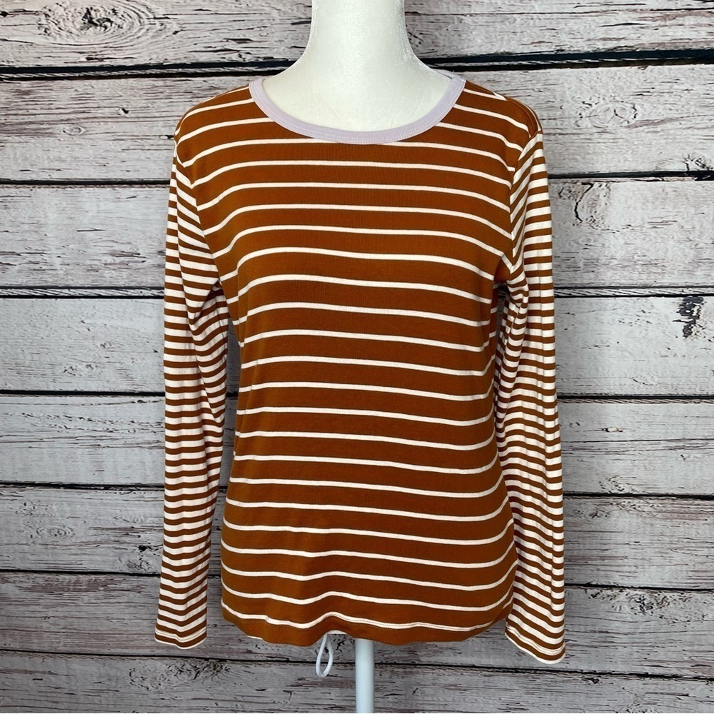 Lands’ End Size Small Petite Striped Long Sleeve Shirt Crew Neck Rust & White